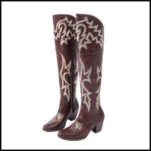 Western Over-the-Knee Boots Square Toe Embroidered Chunky Heel Riding Boots